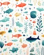 Handdrawn ocean elements pattern, seamless and playful for kids  room fabrics ,  childlike drawing, white background