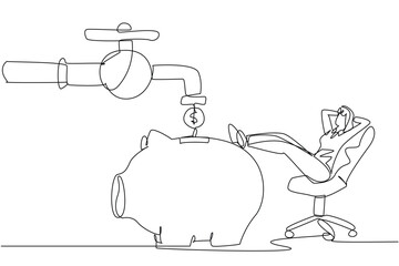 Poster - Single one line drawing businesswoman sit relax on chair to see money faucet flow into savings piggy bank. Huge financial benefits. Free from debt. Success. Continuous line design graphic illustration