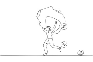 Poster - single continuous line drawing businesswoman running lifting a big piggy bank on shoulders. dollar s