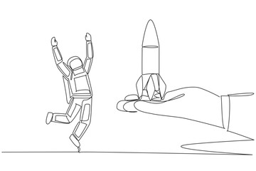 Poster - Single continuous line drawing astronaut happy to get rocket from the giant hand. A worthy gift. Getting the chance to expedition into space once again. Cosmonaut. One line design vector illustration