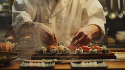 A glimpse into the world of a sushi master their skilled hands expertly crafting rolls and sashimi surrounded by a hazy backdrop of traditional Japanese kitchen tools. .