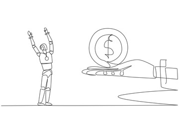 Poster - Single one line drawing a smart robot excited to get dollar symbol coin from a giant hand. Intelligence increases by a level. Able to know money. Future AI. Continuous line design graphic illustration