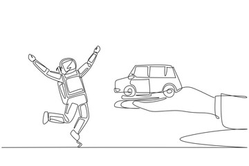 Poster - Continuous one line drawing astronaut excited to get miniature car from giant hand. Vehicle. Ease of accommodation. Right of ownership. Reward. Cosmonaut. Single line draw design vector illustration
