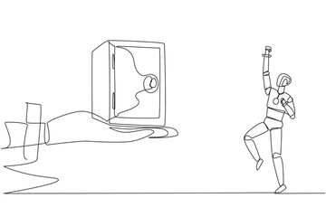 Poster - Single one line drawing a robot excited to get a safe deposit box from a giant hand. The safest storage. Saving artificial intelligence trials. Technology. Continuous line design graphic illustration