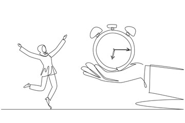 Poster - Single one line drawing young Arabian businesswoman excited to get alarm clock from the giant hand. Reminder. Set time to complete deadlines. Success. Continuous line design graphic illustration