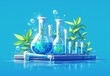 Savvy cartoon illustration of laboratory equipment with plants and cells, including beakers filled with glowing blue liquid, scientific tools, and a plant in the background