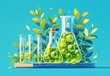 Savvy cartoon illustration of laboratory equipment with plants and cells, including beakers filled with glowing blue liquid, scientific tools, and a plant in the background
