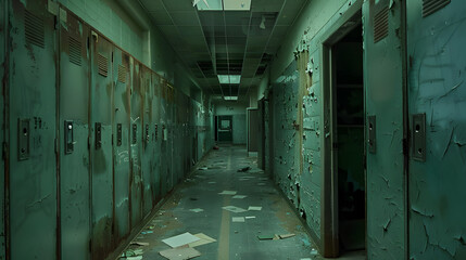 Wall Mural - The hallway of an abandoned hospital was filled with old rusty lockers and scattered papers on the floor