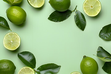 Wall Mural - Whole and cut fresh ripe limes with leaves on light green background, flat lay