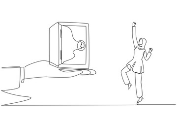 Poster - Single continuous line drawing Arabian businesswoman was excited to get a safe deposit box from a giant hand. Good news. Getting the safest place. Important things. One line design vector illustration