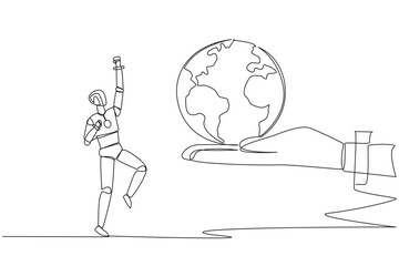 Poster - Single continuous line drawing a smart robot is excited to get the globe from giant hand. Disseminating the latest technology. The whole world. Future technology. One line design vector illustration