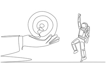 Poster - Single continuous line drawing astronaut was excited to get the arrow target board from a giant hand. Focus. Complete target. Return to earth safely. Cosmonaut. One line design vector illustration