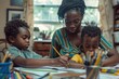 © AIGen - At Home With Kids. Black Mother Balancing Business, Homework, and Motherhood