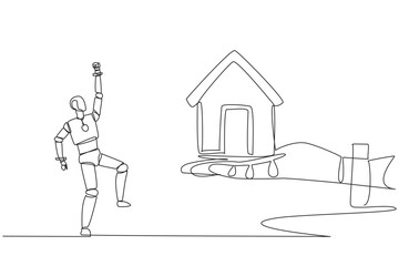 Poster - Single continuous line drawing a robot excited to get a miniature house from giant hand. The best technology production house. Future artificial intelligence. One line design vector illustration