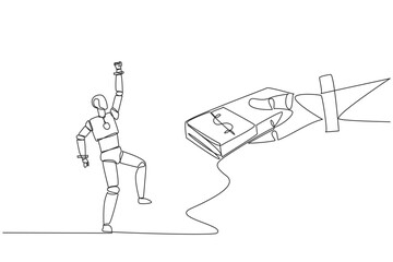 Poster - Single one line drawing a robot excited to get a stack of banknotes from giant hand. Success that makes money. Cost of upgrading requirements. Future tech. Continuous line design graphic illustration