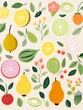 Handdrawn pattern of  fruits, for nursery fabric ,  high resolution