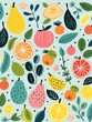 Handdrawn pattern of whimsical fruits in pastel colors, sweet for nursery fabric ,  high resolution