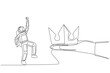 © Simple Line - Continuous one line drawing astronaut happy to get the crown from a giant hand. Success symbol. Luxury. The space mission is complete. Cosmonaut deep space. Single line draw design vector illustration