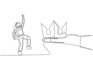 Poster - Continuous one line drawing astronaut happy to get the crown from a giant hand. Success symbol. Luxury. The space mission is complete. Cosmonaut deep space. Single line draw design vector illustration