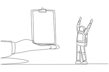 Poster - Continuous one line drawing the astronaut was excited to get the clipboard from a giant hand. Making checklists. Manual expedition recording. Cosmonaut. Single line draw design vector illustration