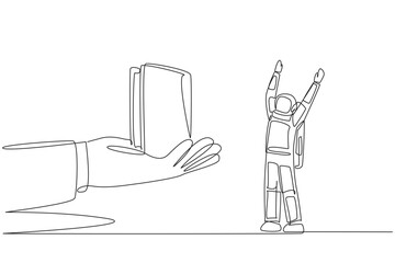 Poster - Single continuous line drawing the astronaut was excited to get a wallet from the giant hand. Simple. Concise. Made from smooth leather. Cosmonaut outer space. One line design vector illustration
