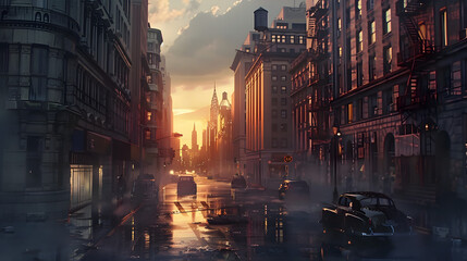 Wall Mural - View of a City Street and Buildings at Sunset 