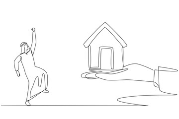 Poster - Continuous one line drawing Arab businessman excited to get a miniature house from giant hand. Extraordinary gift from board of directors. Residential home. Single line draw design vector illustration
