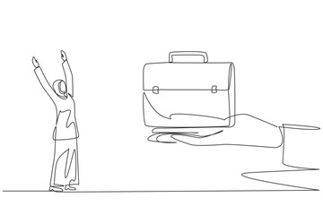 Poster - Continuous one line drawing Arabian businesswoman was excited to get the briefcase from giant hand. Capital. Expand business network. Go on a business trip. Single line draw design vector illustration