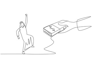 Poster - Single continuous line drawing Arabian businessman excited to get a stack of banknotes from giant hand. Fulfill promises. The best employees get bonuses. Success. One line design vector illustration