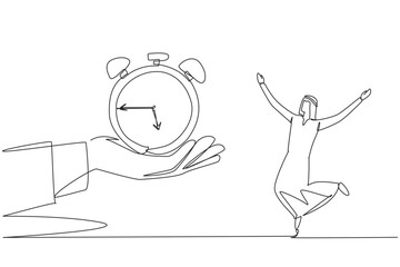 Poster - Continuous one line drawing young Arabian businessman excited to get alarm clock from the giant hand. Surprise gift. Work life balance. Manage time well. Single line draw design vector illustration