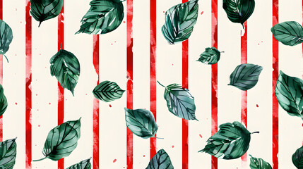 Wall Mural - White background with red stripes and green colored leaf shapes. 