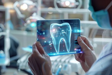 Poster - Person holding a tablet displaying a tooth image, suitable for dental or medical concepts