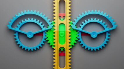 Looped animation of a group of multi-colored children plastic gears using a toothed rack. Looped movement. Close-up