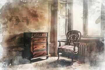 Wall Mural - A painting of a chair and a dresser in a room. Suitable for interior design concepts