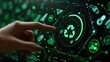 One female finger touching a green glowing recycling icon on a wide tech screen created with Generative AI