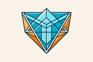 Poster - a stylized geometric diamond shape logo in shades of blue and orange with bold outlines.