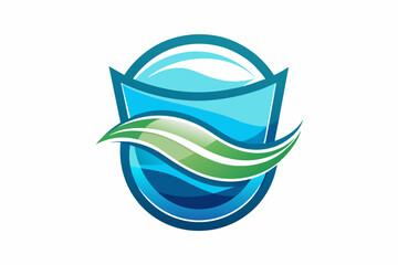Poster - Abstract logo design featuring a blue circular shape with waves and a green leaf-like swoosh, representing water and eco-friendliness.