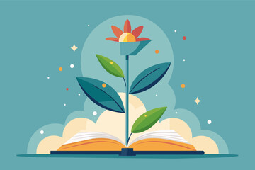 Poster - minimalist illustration of a flower blooming from a book, representing the power of knowledge and imagination