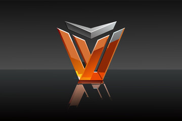 Fototapete - 3D rendering of a stylized, geometric orange letter V with a reflective surface, set against a dark gray background.