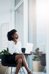 Poster - Business woman, office and laptop planning with view at window with thinking and public relations. Worker, tech and idea at company for digital project with computer and online with mockup space