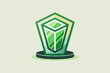 Illustration of a green crystal with geometric shapes and lines displayed on a pedestal.
