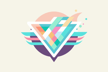 Fototapete - A colorful abstract geometric design featuring a diamond shape with pastel colored diagonal stripes, surrounded by wings and a circular element in the background, all on a light beige background.