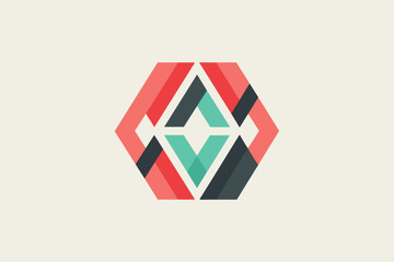Fototapete - An abstract geometric logo with a hexagon shape made up of intersecting lines and triangles in shades of red, teal, black, and white.