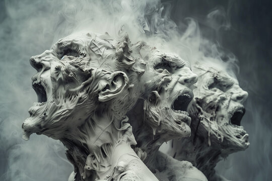 horrorart of three angry screaming demons with melting skin, surrealistic, smoke and mist, creepy, horror mood, photorealistic // ai-generated 