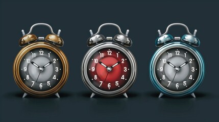 Poster - Three different colored alarm clocks sitting side by side. Suitable for time management concepts