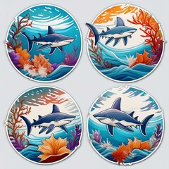 Wall Mural - Circular Shark Stickers showcasing silhouettes of sharks amidst a backdrop of deep blue ocean