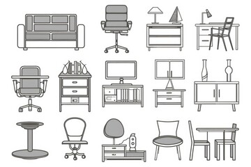 Aufkleber - Various furniture icons including chair, desk, table, and more. Suitable for interior design projects