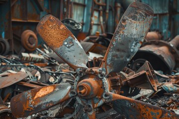 Poster - A rusty propeller in a pile of discarded items. Suitable for industrial and recycling concepts