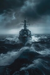 Poster - A navy ship sailing in the vast ocean. Suitable for maritime and military concepts