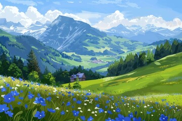 Poster - Scenic mountain landscape with beautiful blue flowers, perfect for nature backgrounds
